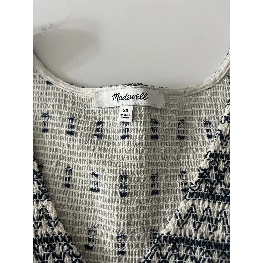 Madewell Embroidered Smocked V Neck Puff Sleeve Peasant Top Cream Navy XS